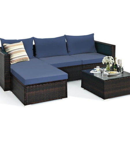 5 Pieces Patio Rattan Sectional Furniture Set with Cushions and Coffee Table -Navy