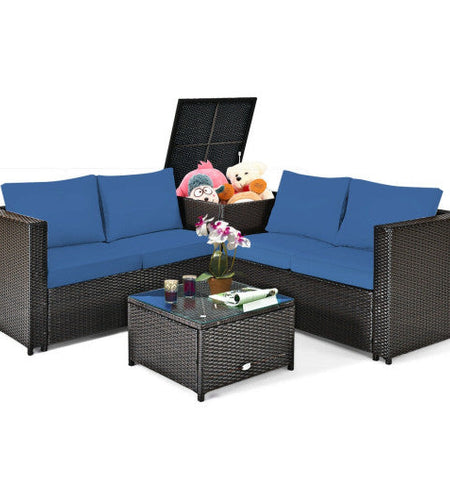 4 Pieces Outdoor Patio Rattan Furniture Set with Cushioned Loveseat and Storage Box-Navy