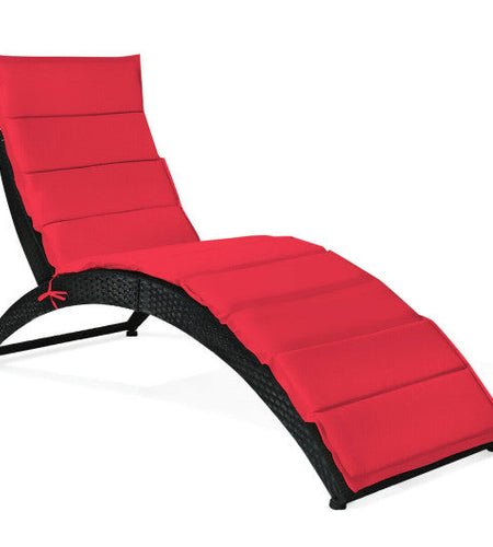 Folding Patio Rattan Portable Lounge Chair Chaise with Cushion-Red