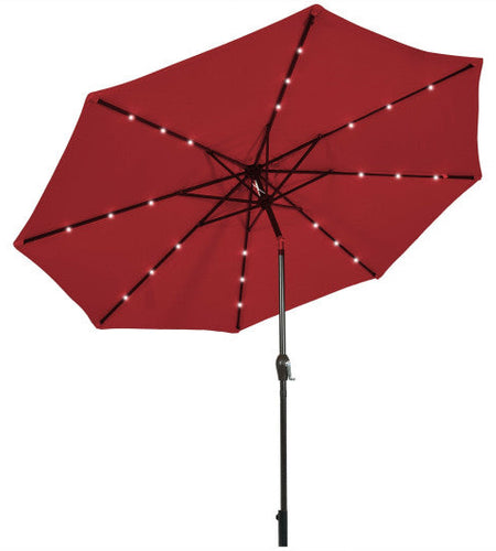 10' Solar LED Lighted Patio Market Umbrella Shade Tilt Adjustment Crank-Dark Red