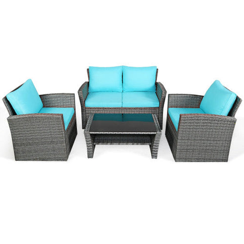 Load image into Gallery viewer, 4 Pieces Patio Rattan Furniture Set Sofa Table with Storage Shelf Cushion-Turquoise
