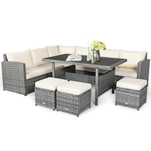 Load image into Gallery viewer, 7 Pieces Patio Rattan Dining Furniture Sectional Sofa Set with Wicker Ottoman-Beige
