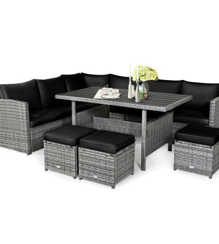 7 Pieces Patio Rattan Dining Furniture Sectional Sofa Set with Wicker Ottoman-Black