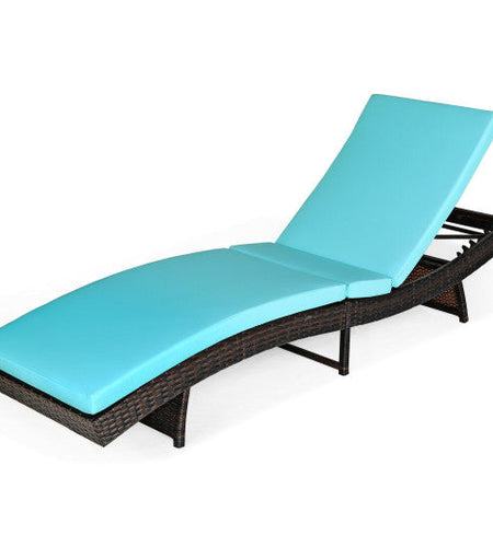 Patio Folding Adjustable Rattan Chaise Lounge Chair with Cushion-Turquoise