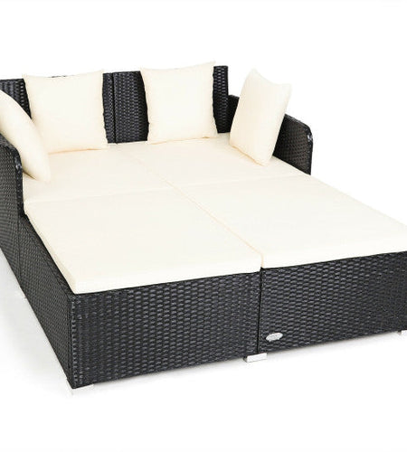 Spacious Outdoor Rattan Daybed with Upholstered Cushions and Pillows-White