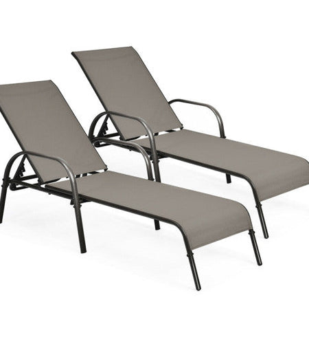 2 Pcs Outdoor Patio Lounge Chair Chaise Fabric with Adjustable Reclining Armrest-Brown