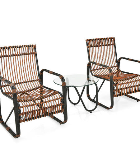 3 Pieces Patio Rattan Furniture Set with 2 Single Wicker Chairs and Glass Side Table