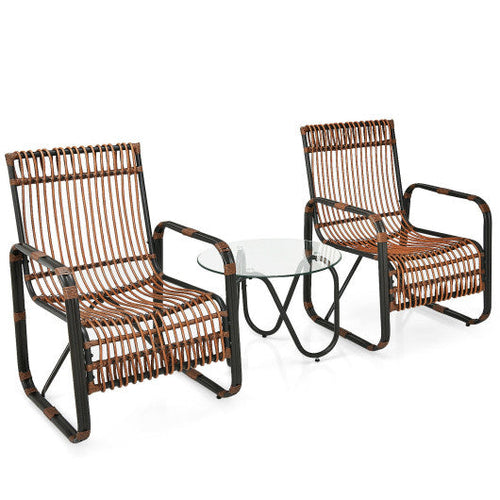 Load image into Gallery viewer, 3 Pieces Patio Rattan Furniture Set with 2 Single Wicker Chairs and Glass Side Table
