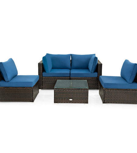 5 Pieces Cushioned Patio Rattan Furniture Set with Glass Table-Navy