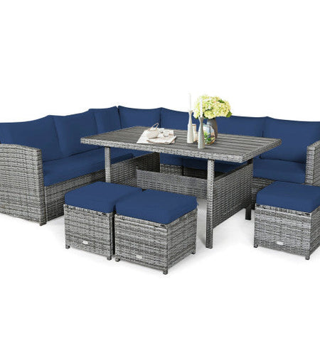 7 Pieces Patio Rattan Dining Furniture Sectional Sofa Set with Wicker Ottoman-Navy