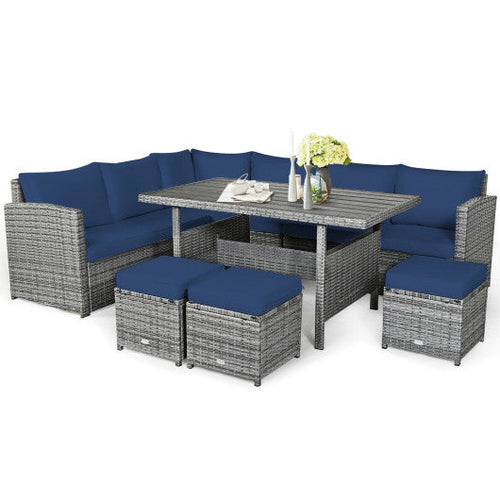 Load image into Gallery viewer, 7 Pieces Patio Rattan Dining Furniture Sectional Sofa Set with Wicker Ottoman-Navy
