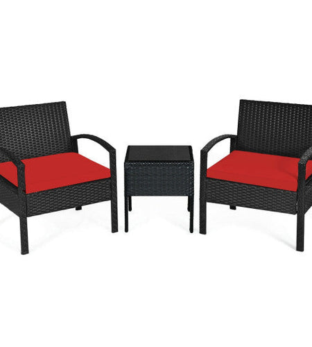 3 Pieces Outdoor Rattan Patio Conversation Set with Seat Cushions-Red