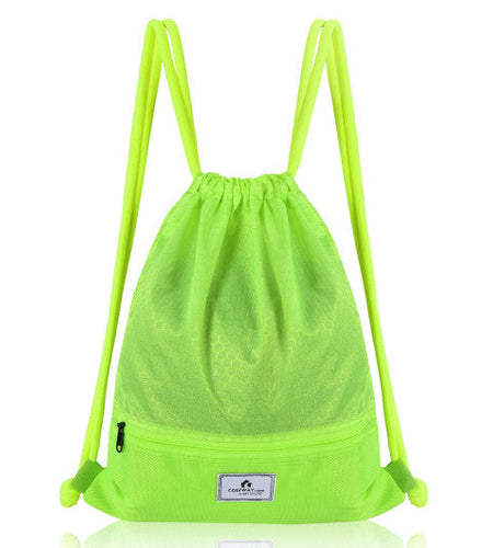 Drawstring Backpack String Bag Foldable Sports Sack with Zipper Pocket-Green