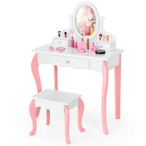 Load image into Gallery viewer, Kids Vanity Princess Makeup Dressing Table Stool Set with Mirror and Drawer-White
