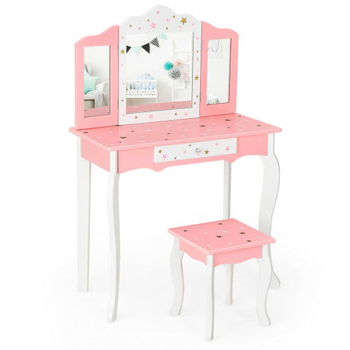 Load image into Gallery viewer, Kids Princess Vanity Table and Stool Set with Tri-folding Mirror and Drawer-Pink
