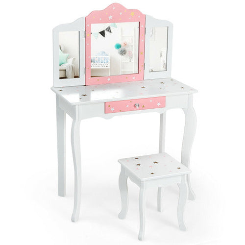 Load image into Gallery viewer, Kids Princess Vanity Table and Stool Set with Tri-folding Mirror and Drawer-White
