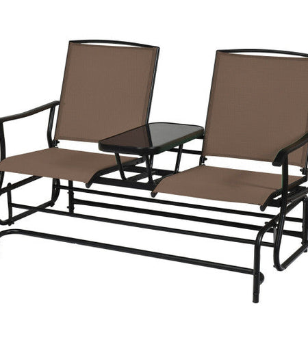 2-Person Double Rocking Loveseat with Mesh Fabric and Center Tempered Glass Table-Brown