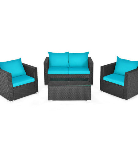 4Pcs Patio Rattan Cushioned Furniture Set-Turquoise