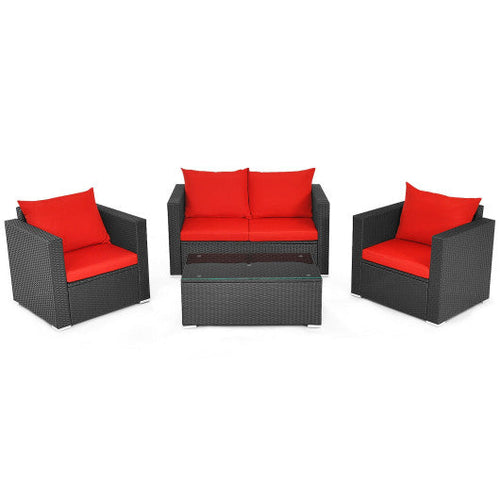 Load image into Gallery viewer, 4 Pieces Patio Rattan Conversation Set with Cushions and Coffee Table-Red
