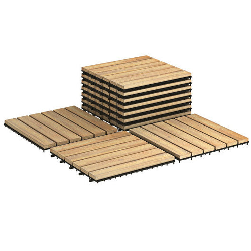 Load image into Gallery viewer, 10 Pieces 12 x 12 Inch Acacia Wood Interlocking Tile Flooring
