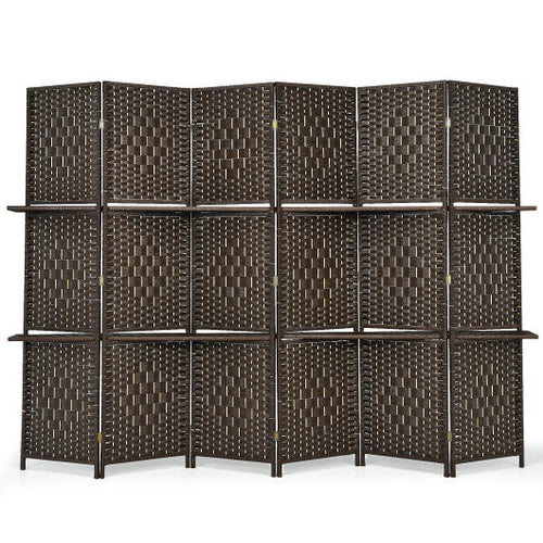 Load image into Gallery viewer, 6 Panel Folding Weave Fiber Room Divider with 2 Display Shelves -Brown
