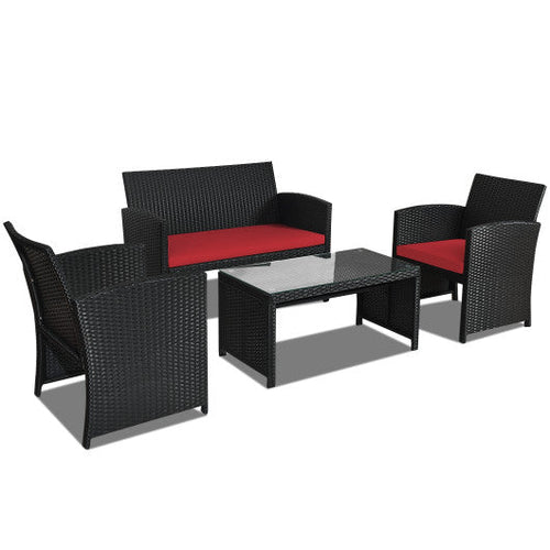 Load image into Gallery viewer, 4 Pieces Rattan Patio Furniture Set with Weather Resistant Cushions and Tempered Glass Tabletop-Red
