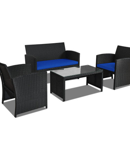 4 Pieces Rattan Patio Furniture Set with Weather Resistant Cushions and Tempered Glass Tabletop-Navy