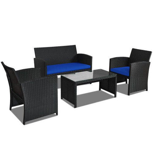 Load image into Gallery viewer, 4 Pieces Rattan Patio Furniture Set with Weather Resistant Cushions and Tempered Glass Tabletop-Navy

