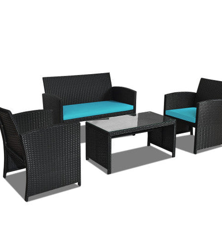 4 Pieces Rattan Patio Furniture Set with Weather Resistant Cushions and Tempered Glass Tabletop-Turquoise