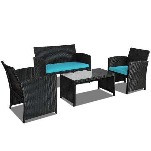 Load image into Gallery viewer, 4 Pieces Rattan Patio Furniture Set with Weather Resistant Cushions and Tempered Glass Tabletop-Turquoise
