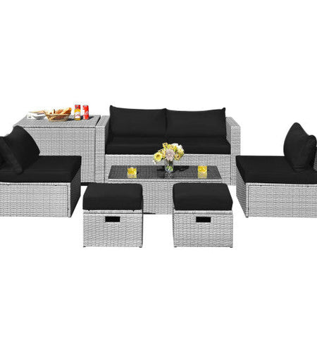 8 Pieces Patio Rattan Furniture Set with Storage Waterproof Cover and Cushion-Black