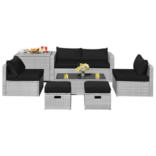 Load image into Gallery viewer, 8 Pieces Patio Rattan Furniture Set with Storage Waterproof Cover and Cushion-Black
