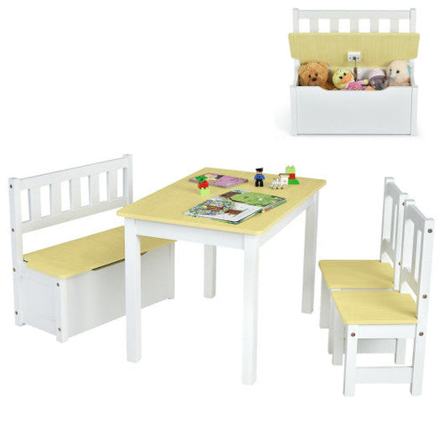 Load image into Gallery viewer, 4 Pieces Kids Wooden Activity Table and Chairs Set with Storage Bench and Study Desk-Natural

