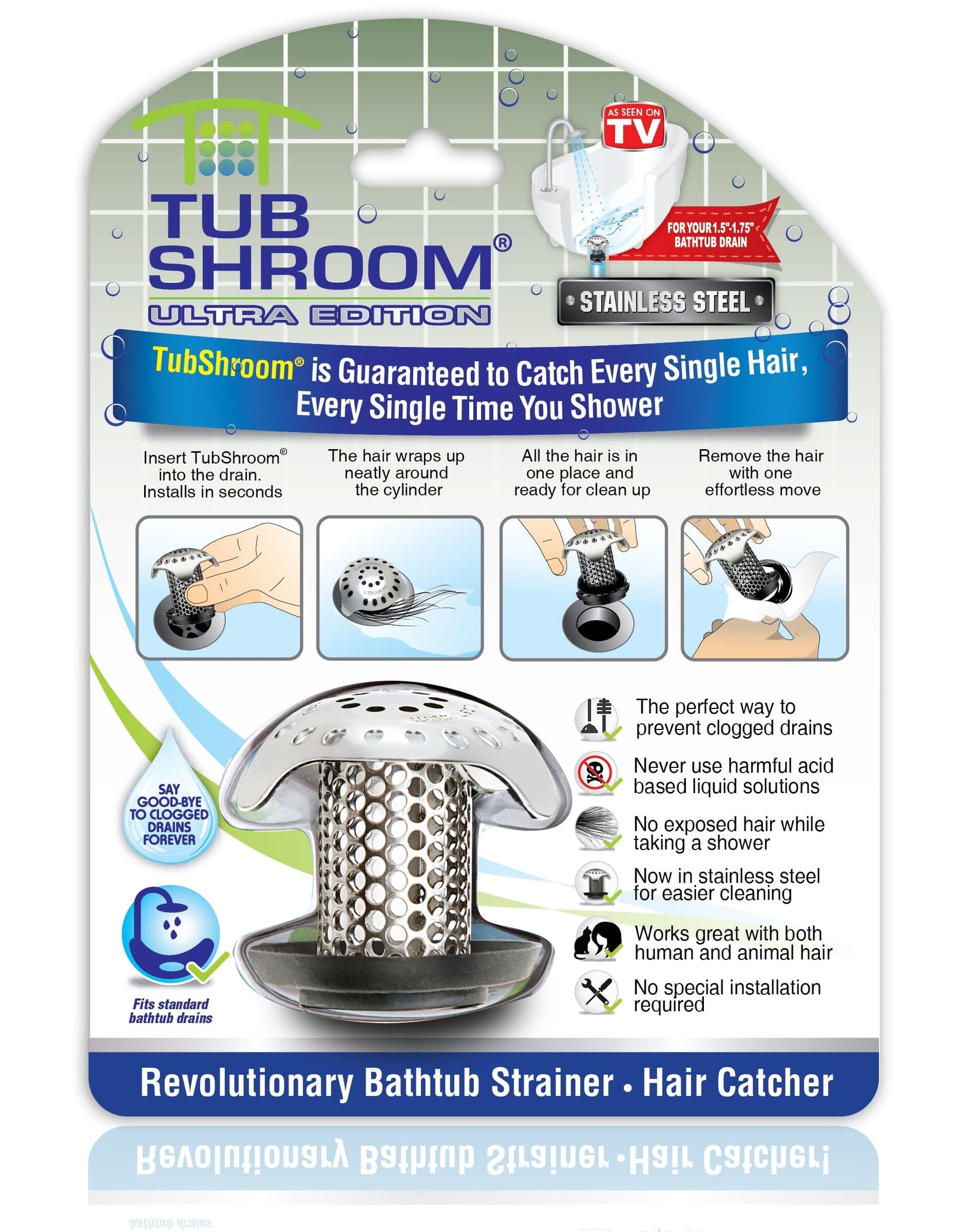 TubShroom Ultra (Stainless) Hair Catcher to Prevent Clogged Tub Drains by TubShroom.com