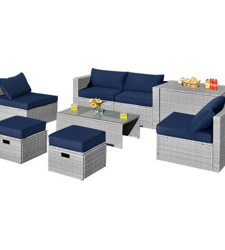 8 Pieces Patio Rattan Furniture Set with Storage Waterproof Cover and Cushion-Navy