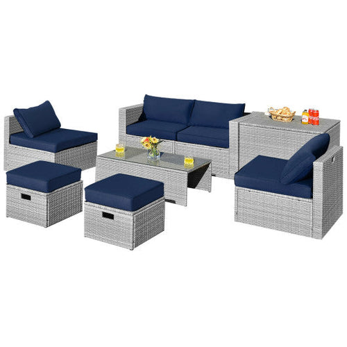 Load image into Gallery viewer, 8 Pieces Patio Rattan Furniture Set with Storage Waterproof Cover and Cushion-Navy
