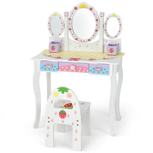 Load image into Gallery viewer, Kids Vanity Princess Makeup Dressing Table Chair Set with Tri-fold Mirror-White

