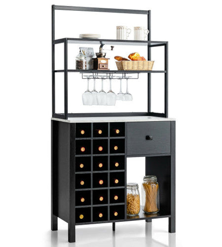 Kitchen Bakers Rack Freestanding Wine Rack Table with Glass Holder and Drawer-Black
