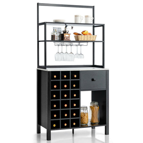 Load image into Gallery viewer, Kitchen Bakers Rack Freestanding Wine Rack Table with Glass Holder and Drawer-Black
