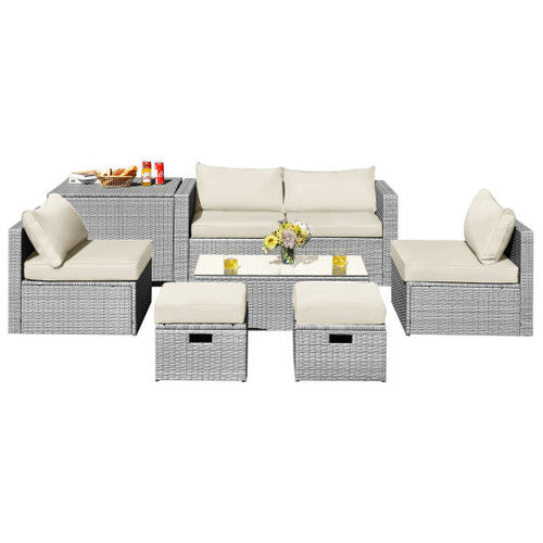 Load image into Gallery viewer, 8 Pieces Patio Rattan Furniture Set with Storage Waterproof Cover and Cushion-Off White
