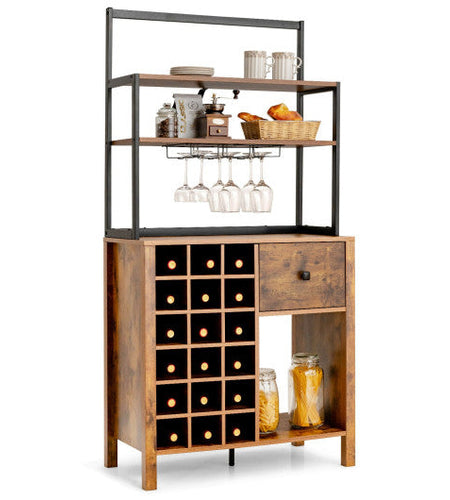 Kitchen Bakers Rack Freestanding Wine Rack Table with Glass Holder and Drawer-Rustic Brown