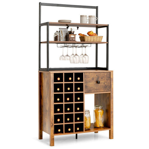 Load image into Gallery viewer, Kitchen Bakers Rack Freestanding Wine Rack Table with Glass Holder and Drawer-Rustic Brown
