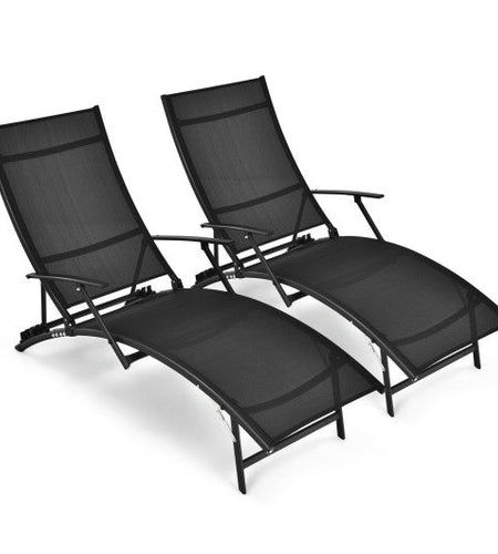 2 Pieces Patio Folding Stackable Lounge Chair Chaise with Armrest-Black