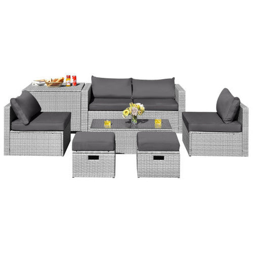 Load image into Gallery viewer, 8 Pieces Patio Rattan Furniture Set with Storage Waterproof Cover and Cushion-Gray
