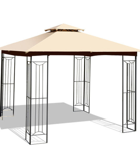 10 x 10 Feet L-Shaped Patio Canopy Gazebo Outdoor 2-Tier Steel Tent-Beige
