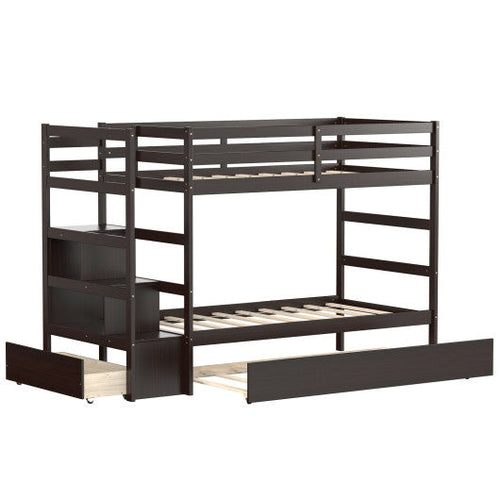 Load image into Gallery viewer, Twin Over Twin Bunk Bed with Storage Shelf and Drawer-Dark Brown
