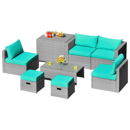 Load image into Gallery viewer, 8 Pieces Patio Rattan Furniture Set with Storage Waterproof Cover and Cushion-Turquoise

