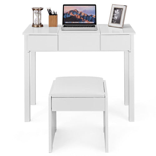 Load image into Gallery viewer, Vanity Makeup Dressing Table Set with Flip Top Mirror and Cushioned Stool-White
