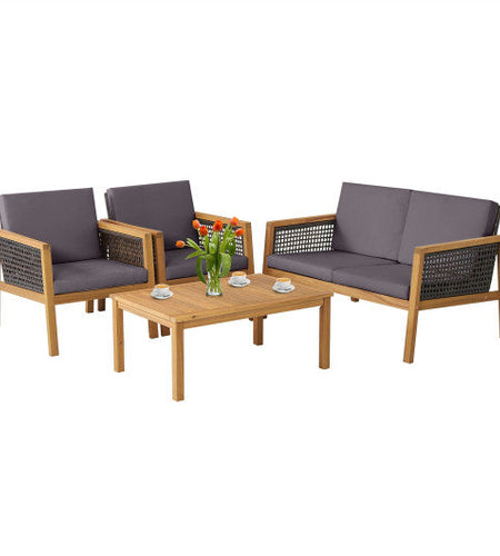 4 Pieces Patio Rattan Furniture Set with Removable Cushions-Gray