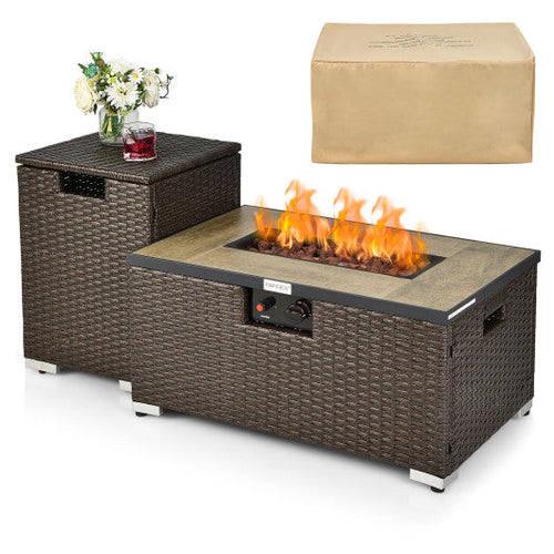 Load image into Gallery viewer, 32 x 20 Inch Propane Rattan Fire Pit Table Set with Side Table Tank and Cover-Brown
